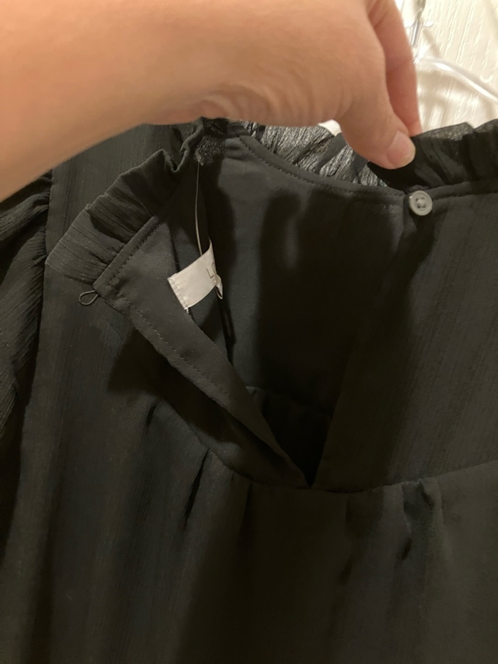 LOFT Black Short-Sleeve Sheer Ruffle-Neck Blouse - Picture 6 of 6